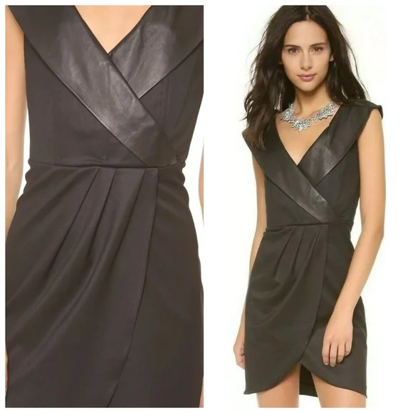 Alice + olivia Shayna Leather Trim Shawl Collar Faux Wrap Black Dress - Picture 2 of 15